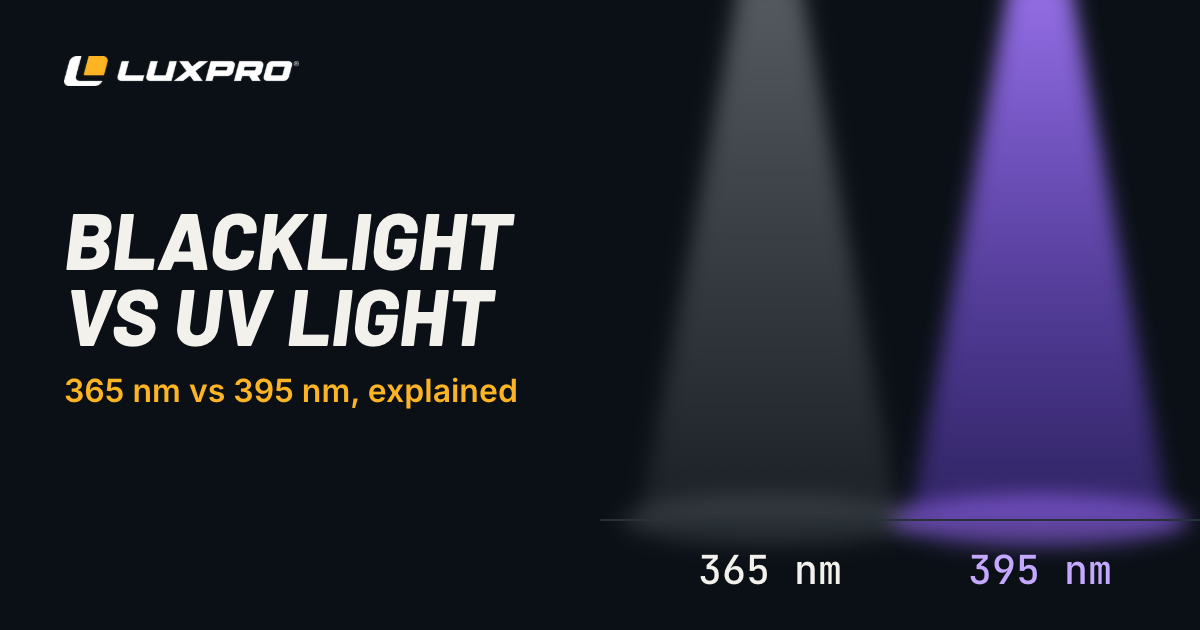 Side-by-side UV beams: a faint gray-white 365 nm beam and a visibly purple 395 nm beam