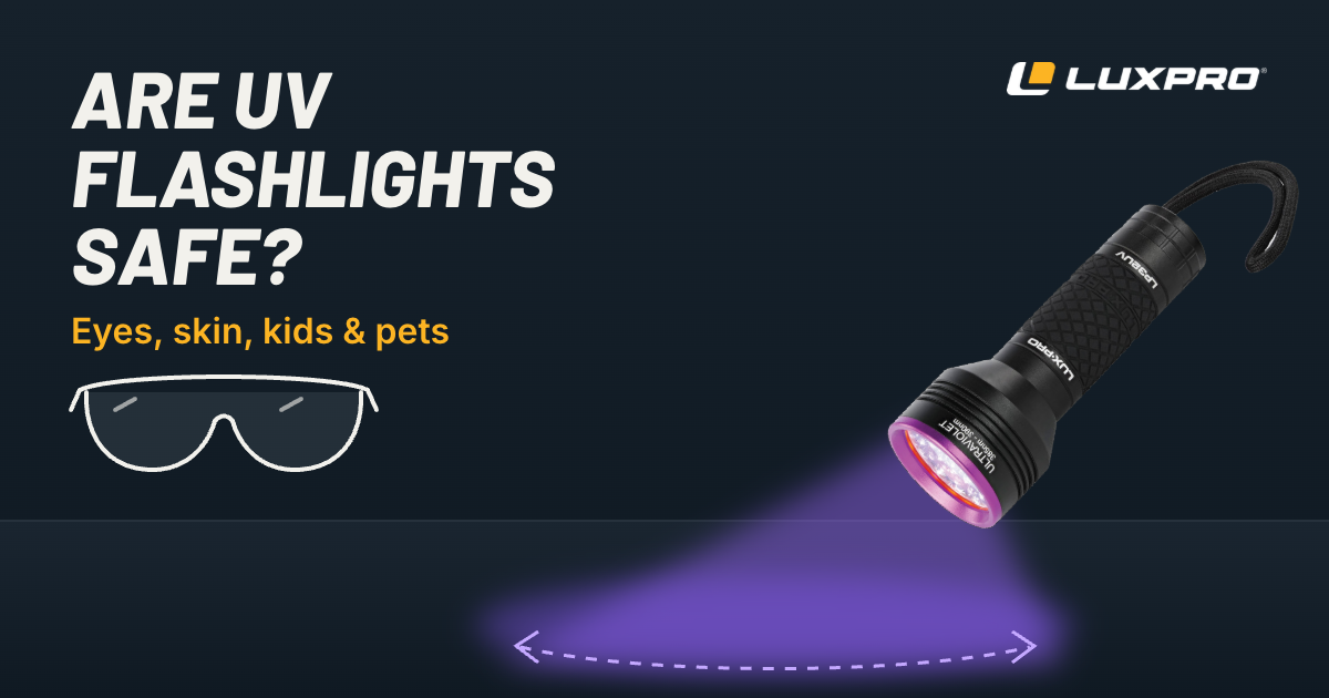 LUXPRO LP32UV UV flashlight aimed down at the floor beside a pair of safety glasses