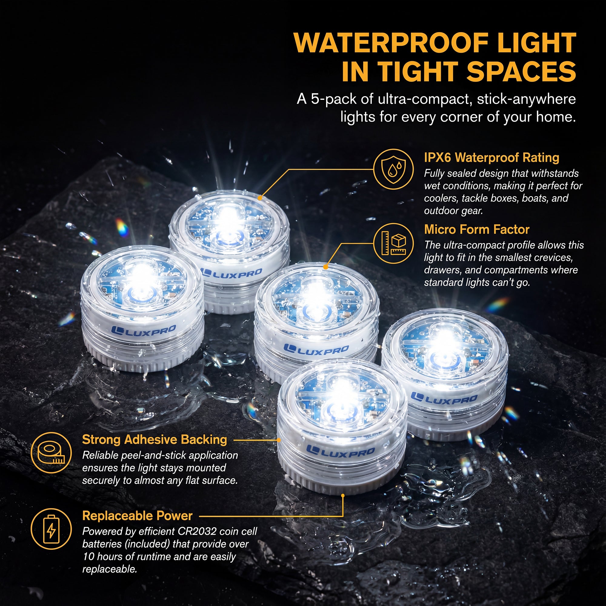 LP172 | Waterproof Micro LED Puck Lights, 5 Pack