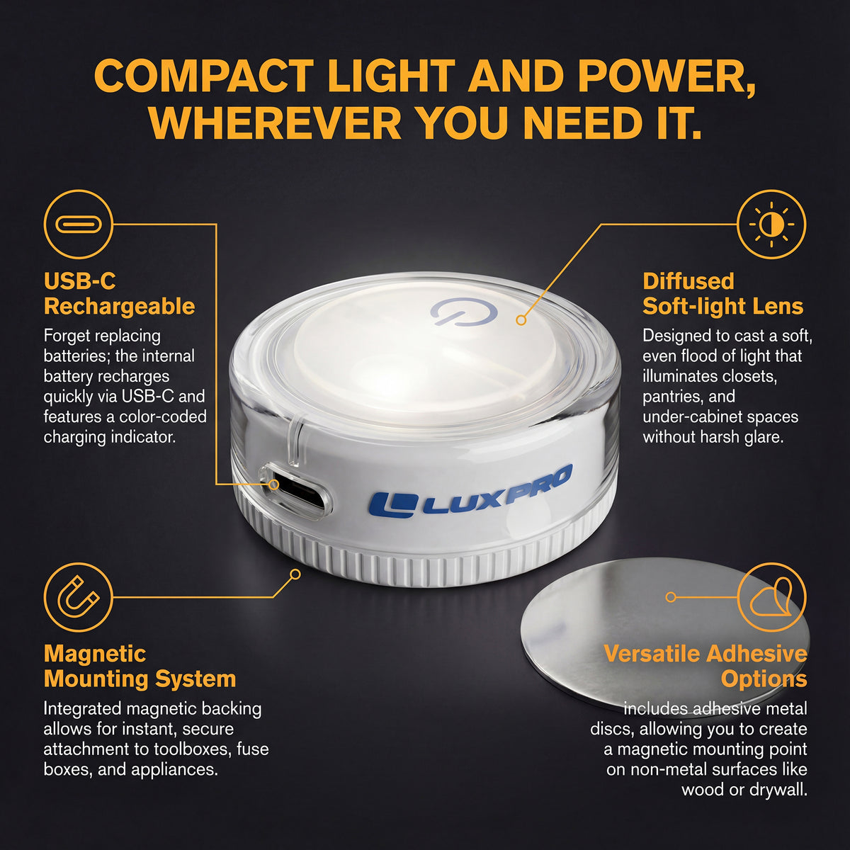 LP175 | Compact Rechargeable LED Puck Light, 2 Pack – LUXPRO