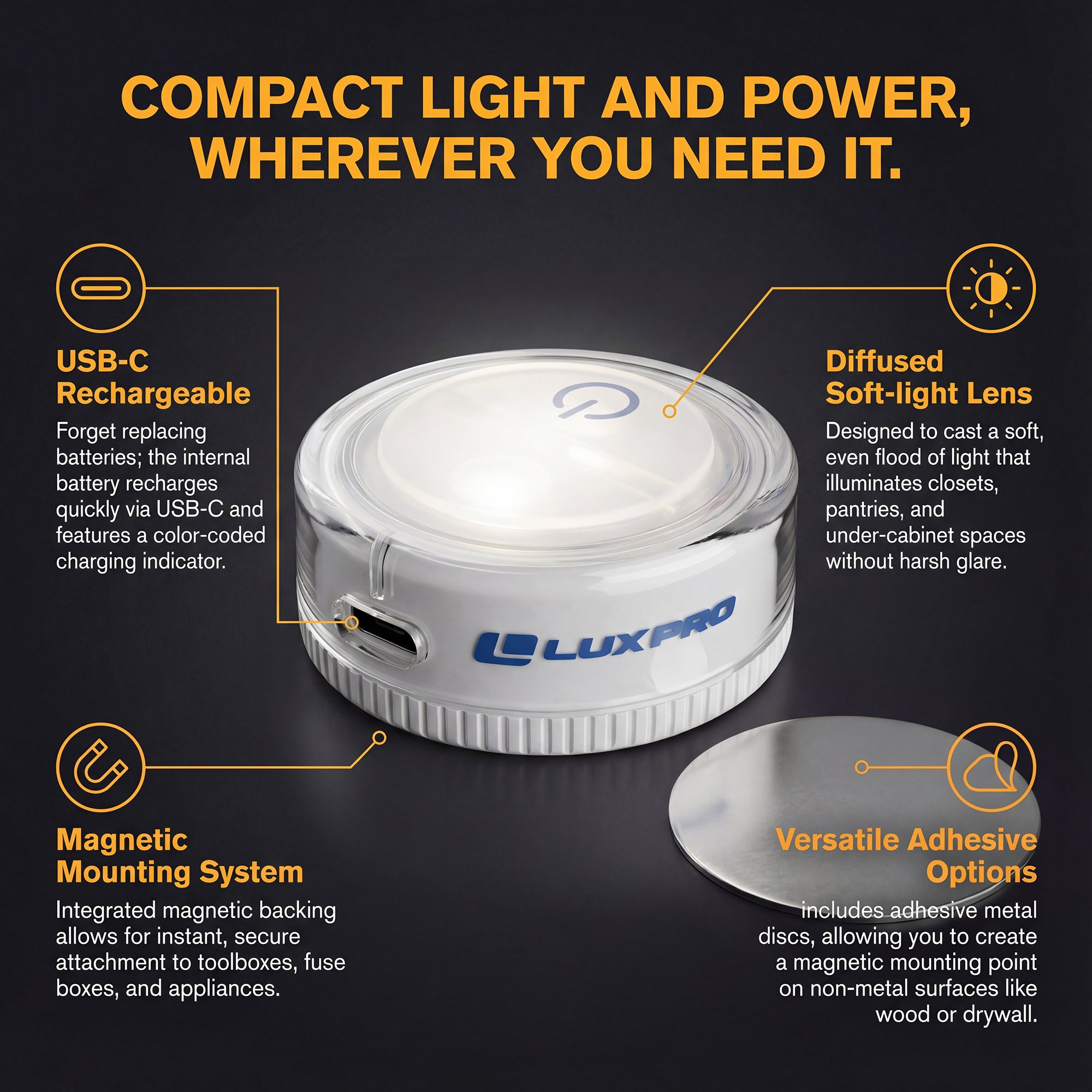 LP175 | Compact Rechargeable LED Puck Light, 2 Pack