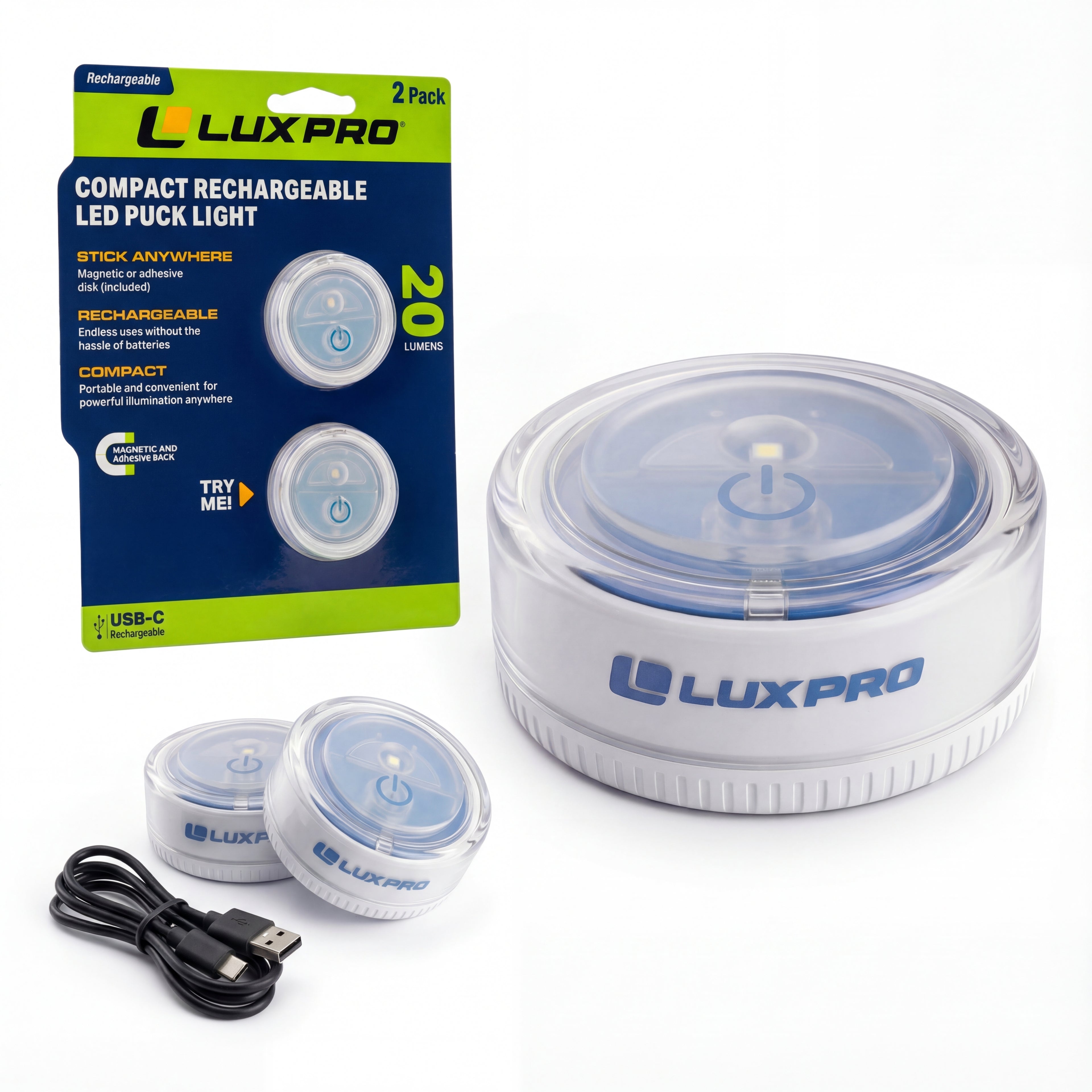 LP175 | Compact Rechargeable LED Puck Light, 2 Pack