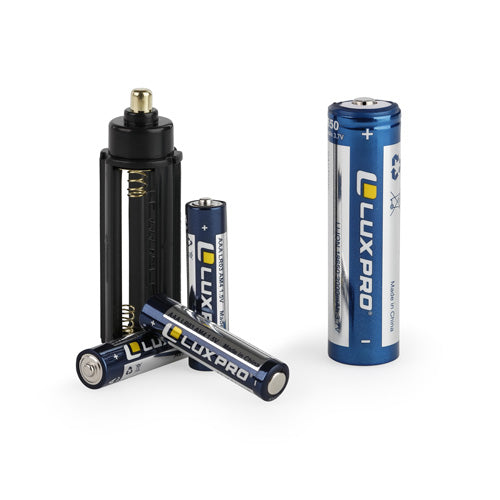 Luxpro alkaline and rechargeable batteries and battery holder on a white background