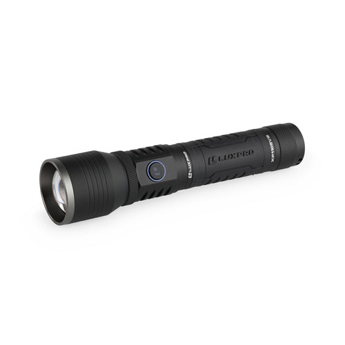 Black flashlight with LUXPRO branding on a white background