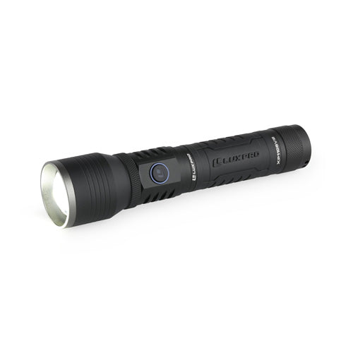 Black flashlight with LUXPRO brand logo on a white background