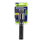 LUXPRO rechargeable LED flashlight with packaging on a white background