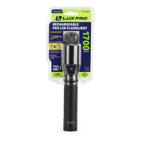 LUXPRO rechargeable LED flashlight with packaging on a white background