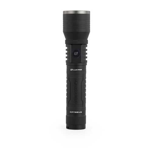 Black flashlight with LUXPRO branding on a white background