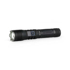 Black rechargeable LED flashlight with visible brand logo on a white background