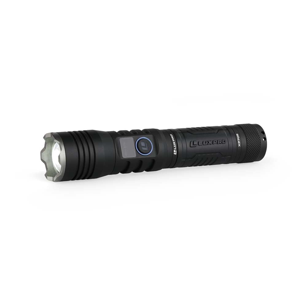 Black rechargeable LED flashlight with visible brand logo on a white background