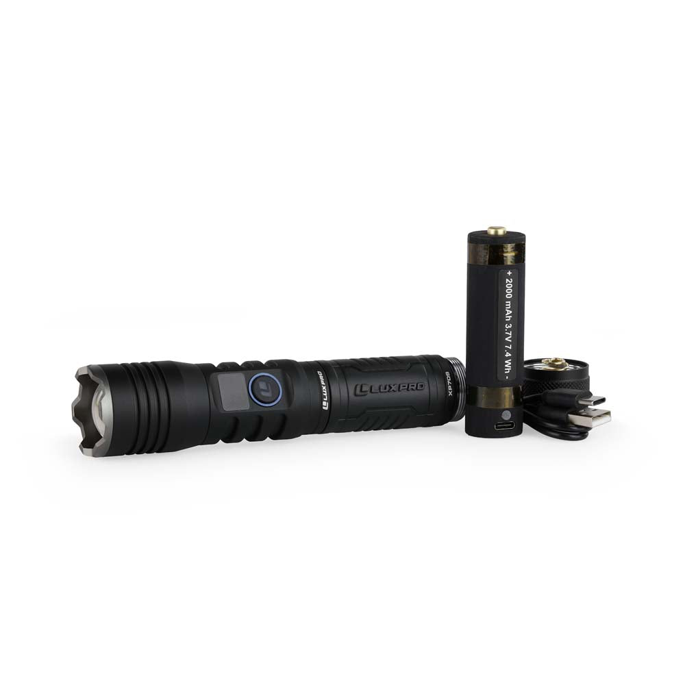 Black flashlight with two batteries on a white background