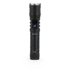 Black LED flashlight with visible branding on a white background and blue power button