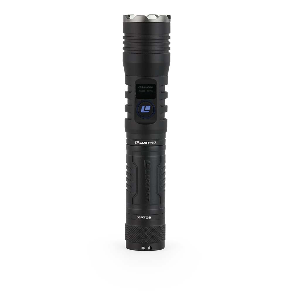 Black LED flashlight with visible branding on a white background and blue power button