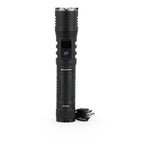 Black LED flashlight with charging cord on a white background