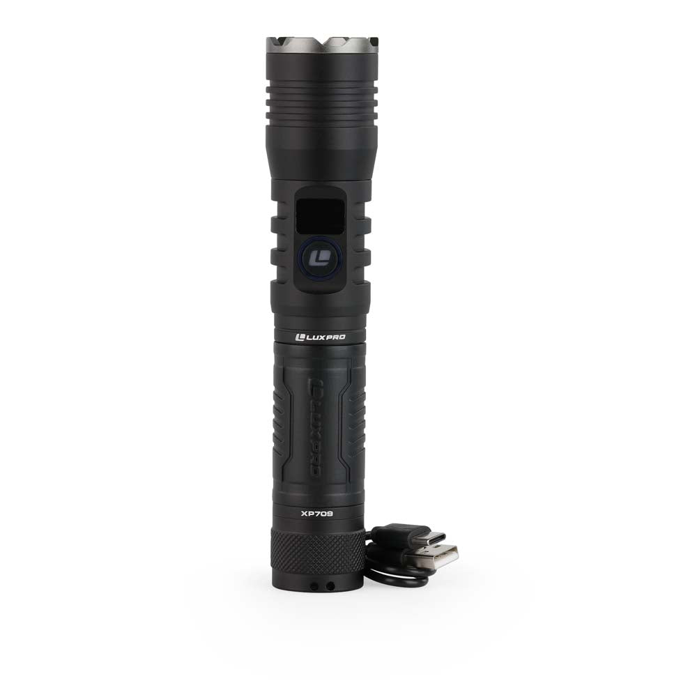 Black LED flashlight with charging cord on a white background