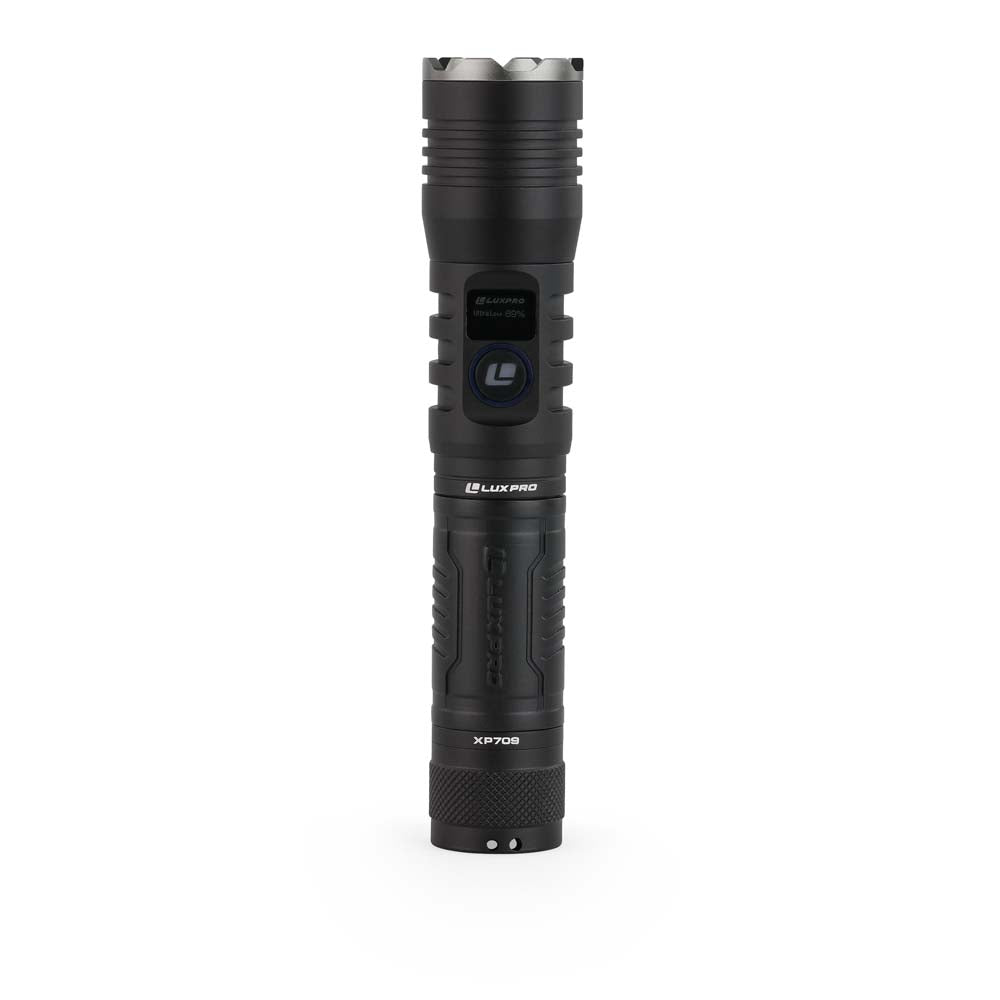 Black LED flashlight with 'LUXPRO' branding on a white background