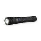 Black LED flashlight with visible brand name on a white background