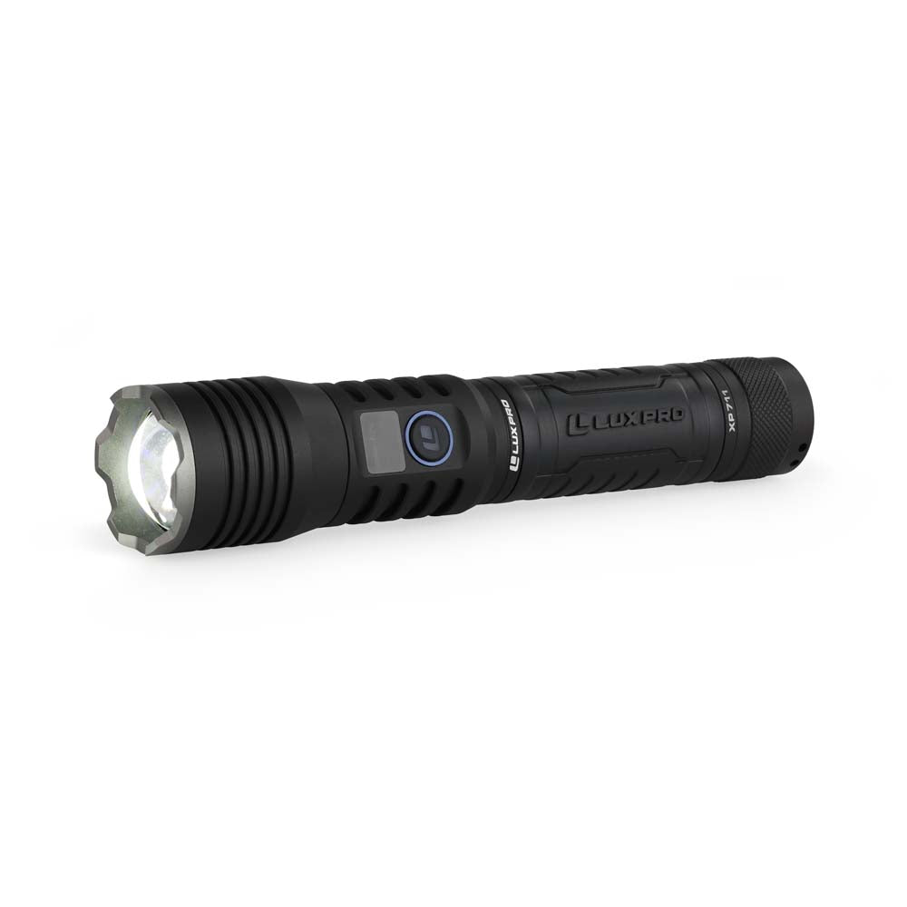 Black LED flashlight with visible brand name on a white background