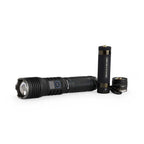 Black flashlight with rechargeable battery on a white background