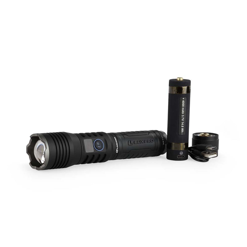 Black flashlight with rechargeable battery on a white background