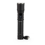 Black Rechargeable LED flashlight with charging cable on a white background