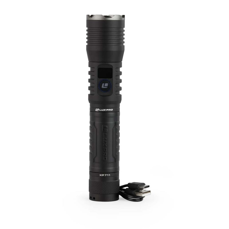 Black Rechargeable LED flashlight with charging cable on a white background