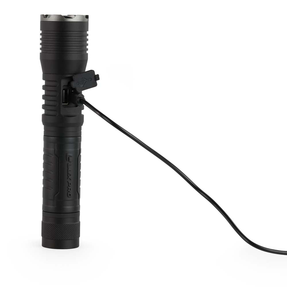 Black LED flashlight with a cable on a white background