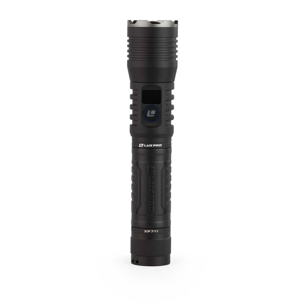 Black flashlight with 'LUXPRO' branding on a white background