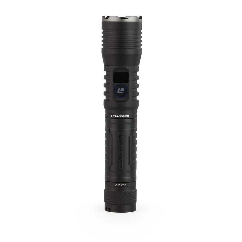 Black flashlight with 'LUXPRO' branding on a white background