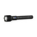 Black LED flashlight with visible LIUXPRO logo on a white background and blue power button