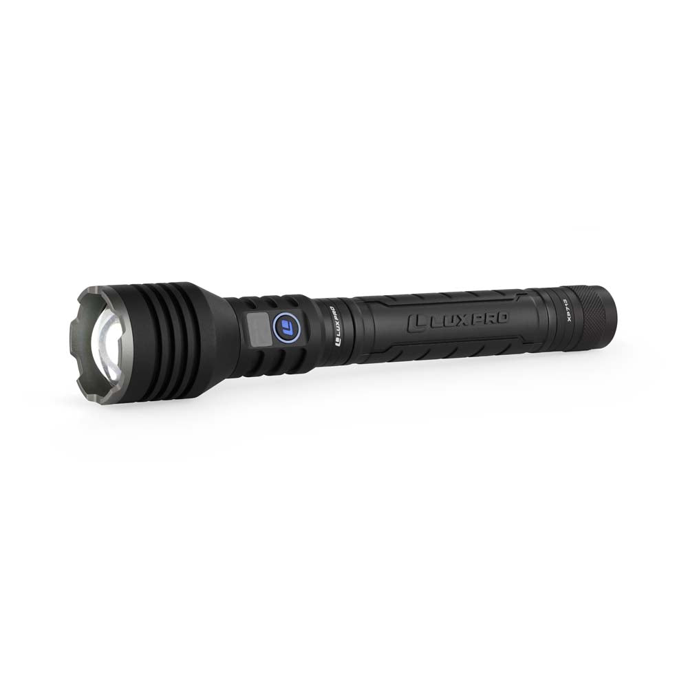 Black LED flashlight with visible LIUXPRO logo on a white background and blue power button