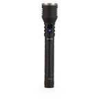 Black rechargeable flashlight with visible LUXPRO logo on a white background