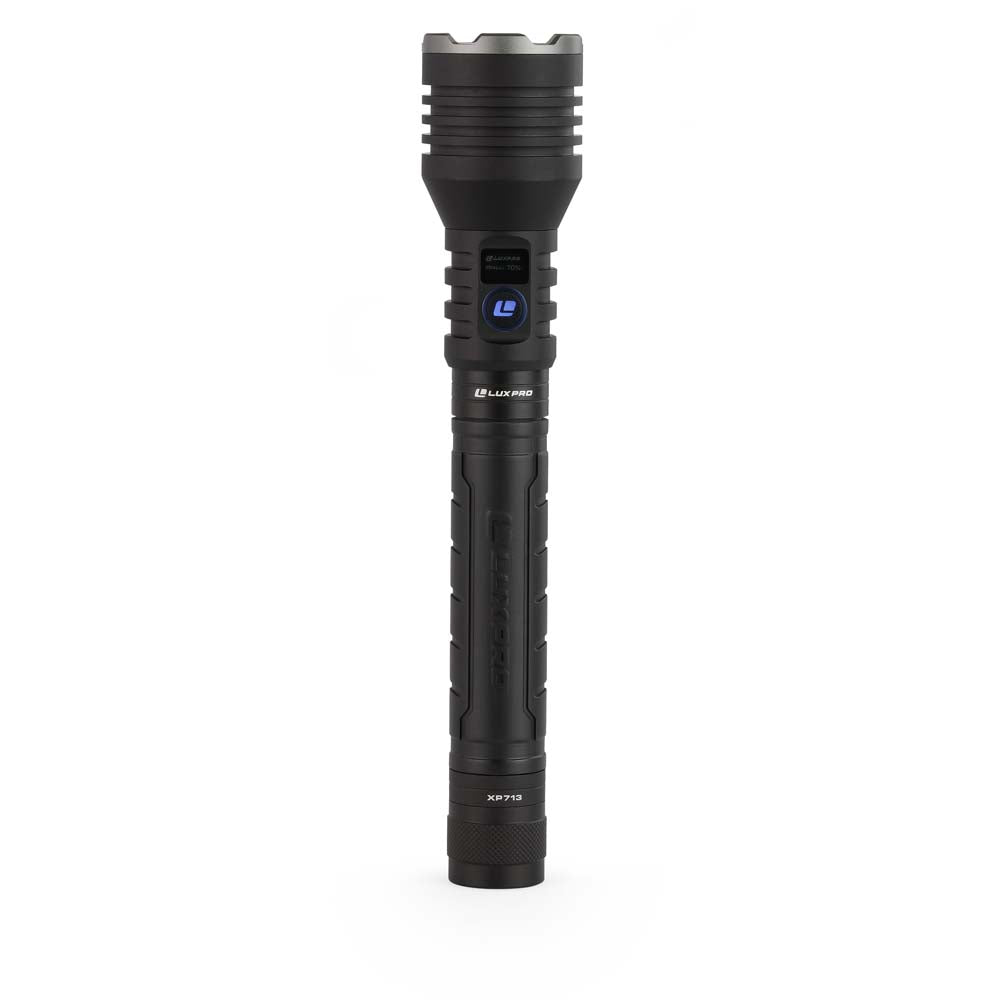 Black rechargeable flashlight with visible LUXPRO logo on a white background