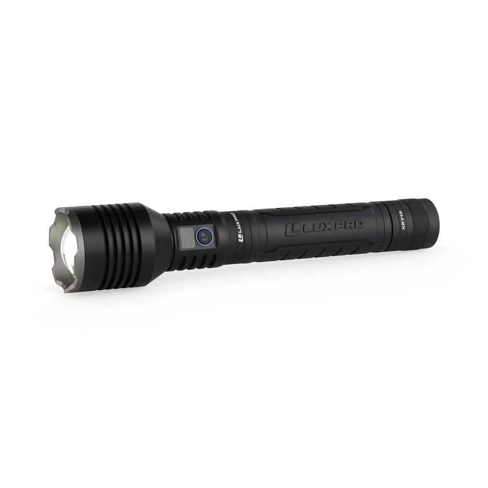 Black LED flashlight turned on with a white background