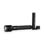 Black LED flashlight with rechargeable battery on a white background