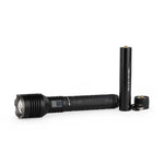 Black LED flashlight with rechargeable battery on a white background