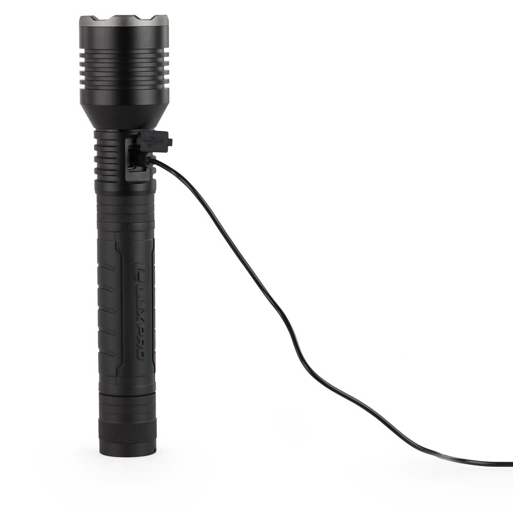 Black flashlight with a cable on a white background