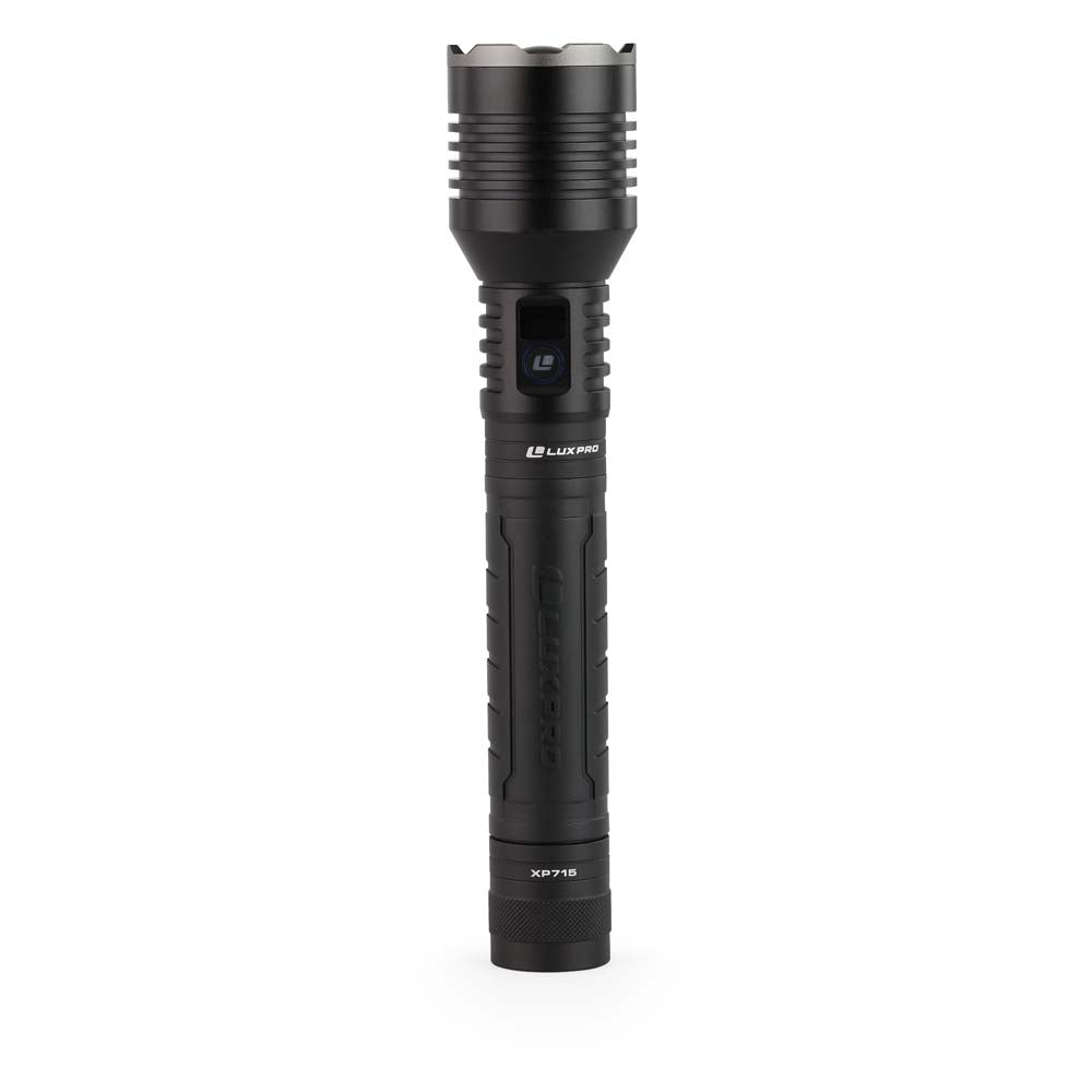 Black LED flashlight with brand logo on a white background