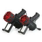 Two led spotlights with red covers on them and kick stand flipped out 