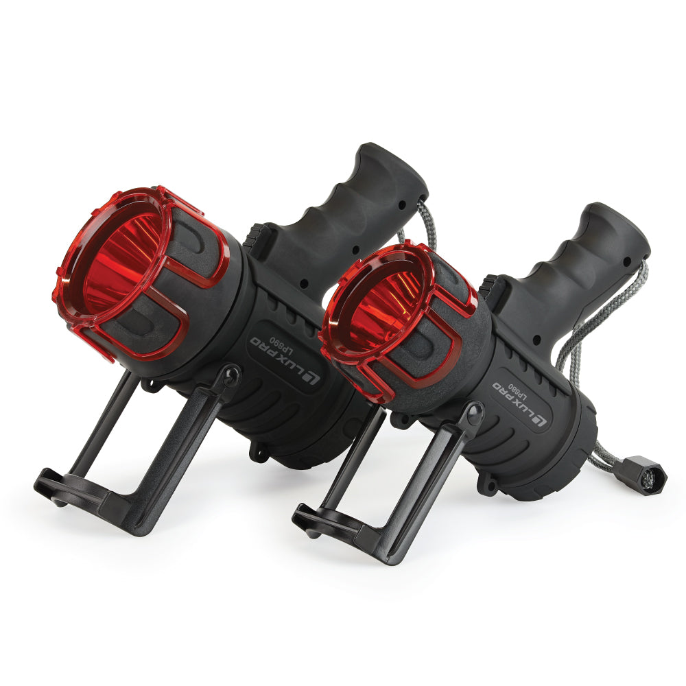 Two led spotlights with red covers on them and kick stand flipped out 