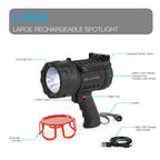 LED rechargeable spotlight with feature callouts, red lens, trigger lock, charging cable, bright LED, power indicator and charging ports