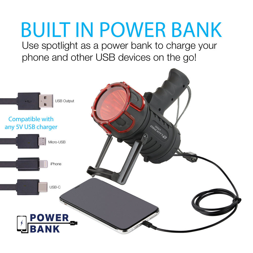 LED Spotlight with build in power bank features called out. Various cords shown, USB, Micro-USB, iPhone and USB-C