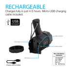 Rechargeable 2000 lumen spotlight with feature call out, Blue LED battery indicators and charging cable