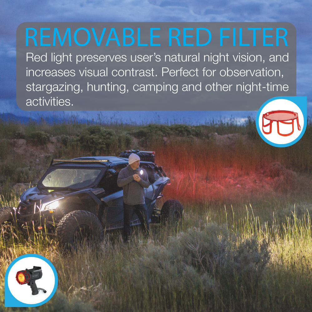 Feature photo with a man standing with rechargeable spotlight with red removeable cover featured