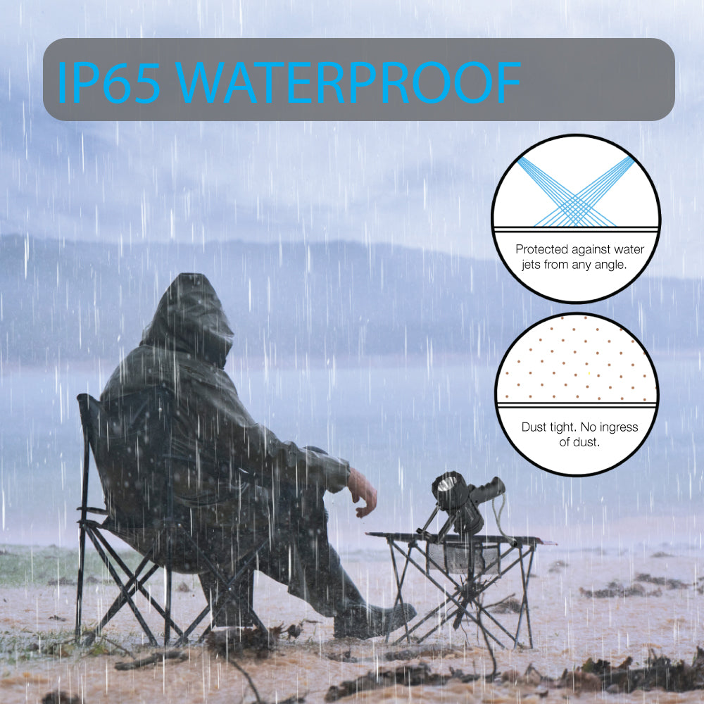 IP65 waterproof feature with a man sitting in the  rain with led spotlight next to him on table. 