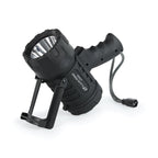A black rechargeable LED spotlight, featuring an ergonomic pistol grip, flip out stand.