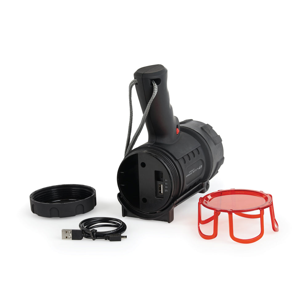 2000 Lumen spotlight with charging port exposed, red cover included and charging cable