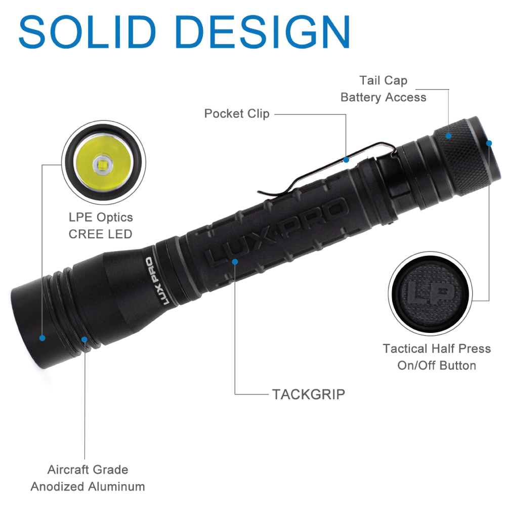 LED Flashlight with Tactical button, molded grip, aircraft grade aluminum and LPE Optics. 