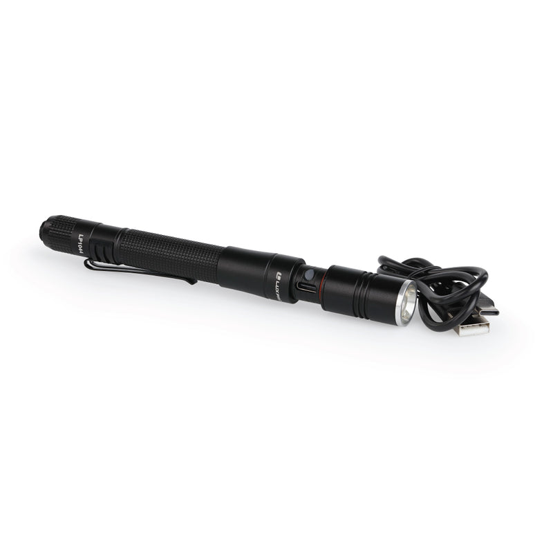 LED Rechargeable Flashlight with cable and charging port exposed