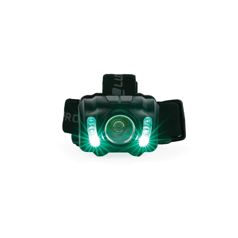 Headlamp turned on in green LED flood mode